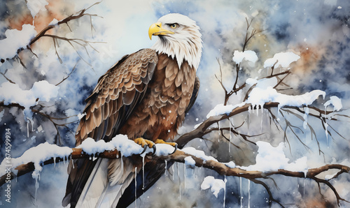 Majestic Bald Eagle Perched in a Snow-Dusted Tree with a Glimpse of Alcohol Ink Artistry in the Background