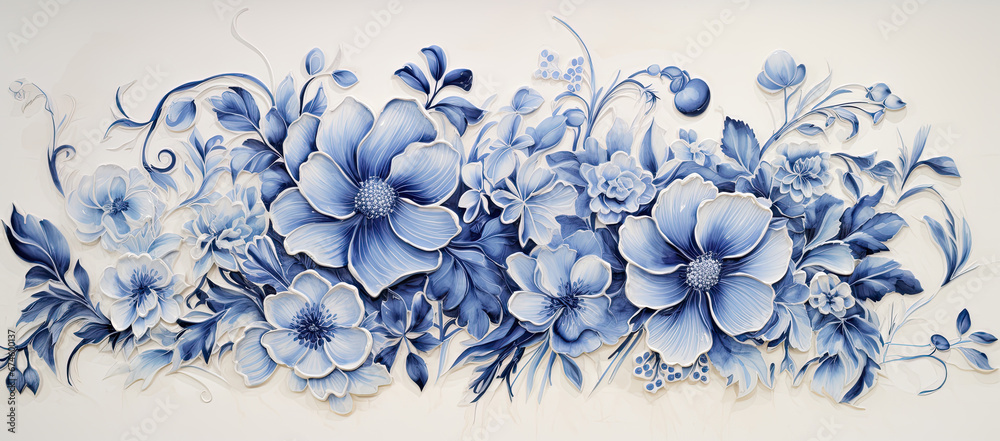 fondo ramo floral en tono azul sobre fondo blanco - obrazy, fototapety, plakaty 