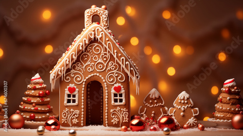 Delightful Christmas Scene with Candy Border and Delicious Gingerbread House Amidst Festive Decorations