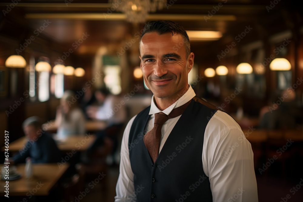 Medium Shot Portrait of a Beaming Waiter in Dress Shirt and Bow Tie Medium Shot Portrait of a Beaming Waiter in Dress Shirt and Bow Tie