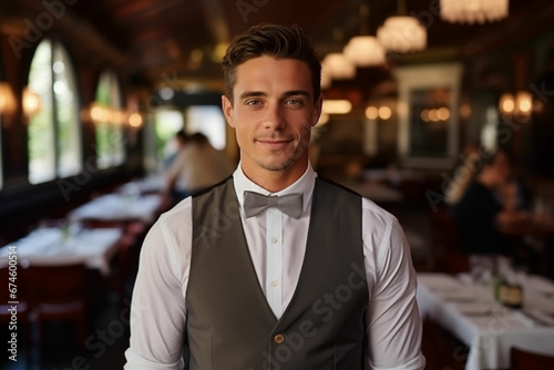 Medium Shot Portrait of a Professional Waiter in His Dress Shirt and Bow Tie photo