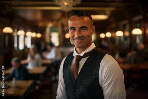 Medium Shot Portrait of a Beaming Waiter in Dress Shirt and Bow Tie