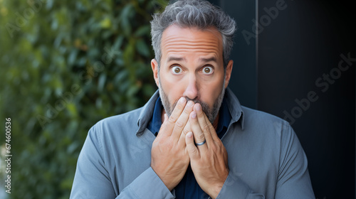 Astonished Middle-Aged Man with Hands Covering Mouth in Surprise, Sporting a Beard and Dress Shirt photo