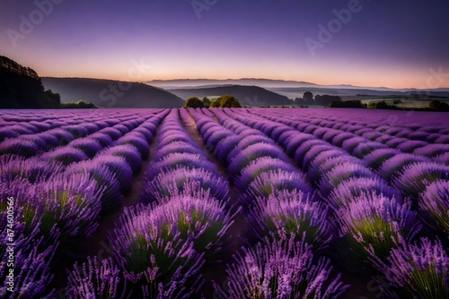 A serene photography shot of a field of lavender bathed in soft