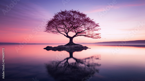 Solitary tree with water reflection at twilight © mimadeo