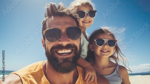 young father with his two kids spending the day at the beach photo
