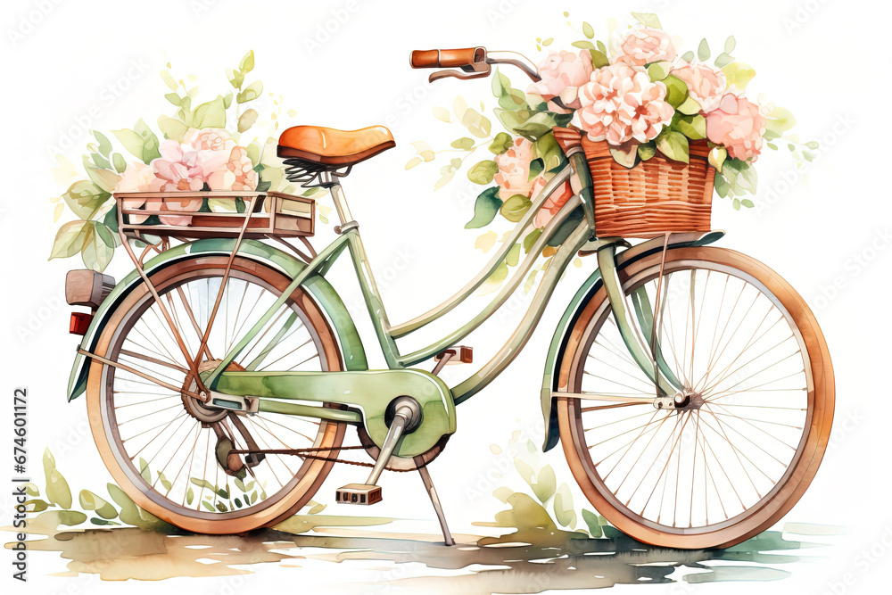 cute retro old pastel green bicycle with flowers. Watercolor image.