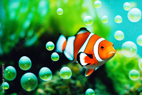 The ocean's clown. A colorful fish in a world of water bubbles