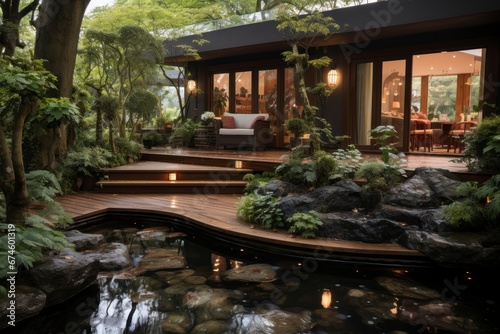 A serene spa garden with a wooden footbridge leading to a Japanese-style hot tub. © Hunman