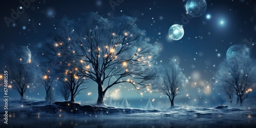 Abstract Winter Dream: A blurred background, as if the dreams of a winter nap, with tree silhouettes and twinkling blurred light, creating a magical Christmas atmosphere.