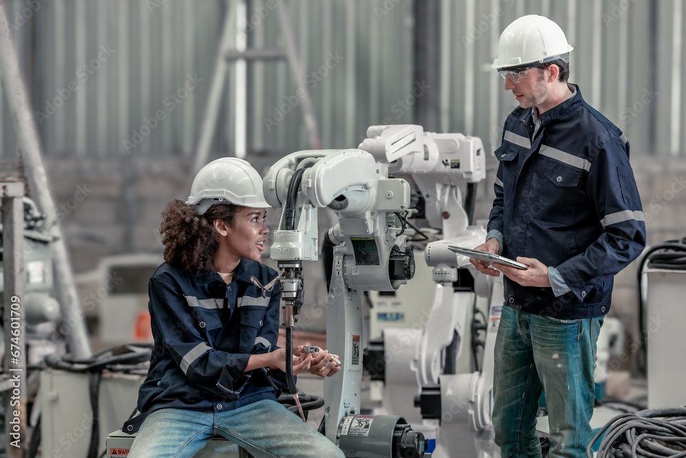 © SpaceOak - Robotics supervisor mentors trainee in automation, machinery setup, and technical skill development. © SpaceOak - Robotics supervisor mentors trainee in automation, machinery setup, and technical skill development.