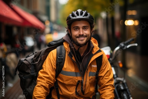 Delivery man european in yellow sweat shot and bike helmet in city street.