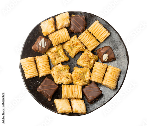 Baklava Isolated, Small Ramadan Dessert, Eastern Sweet Filo Pastries, Turkish Honey Baklawa, Oriental Desert photo