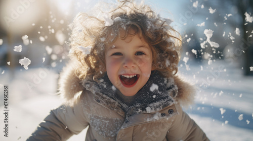 little cheerful european curly child playing snowballs on the street in winter, emotional face, boy, girl, portrait, new year, christmas, kid, toddler, frost, park, walk, holidays