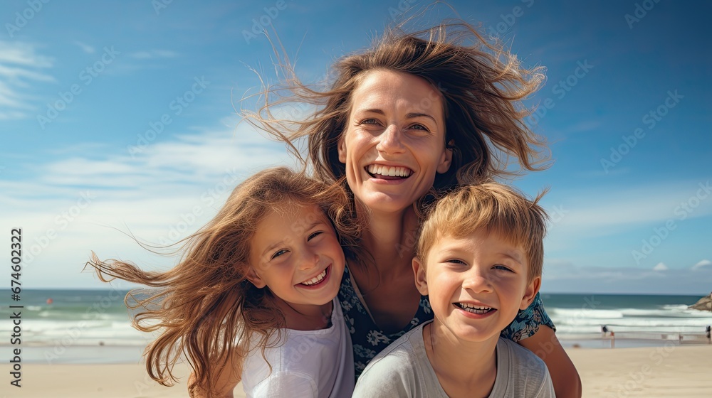smiling mother with her two kids on the beach