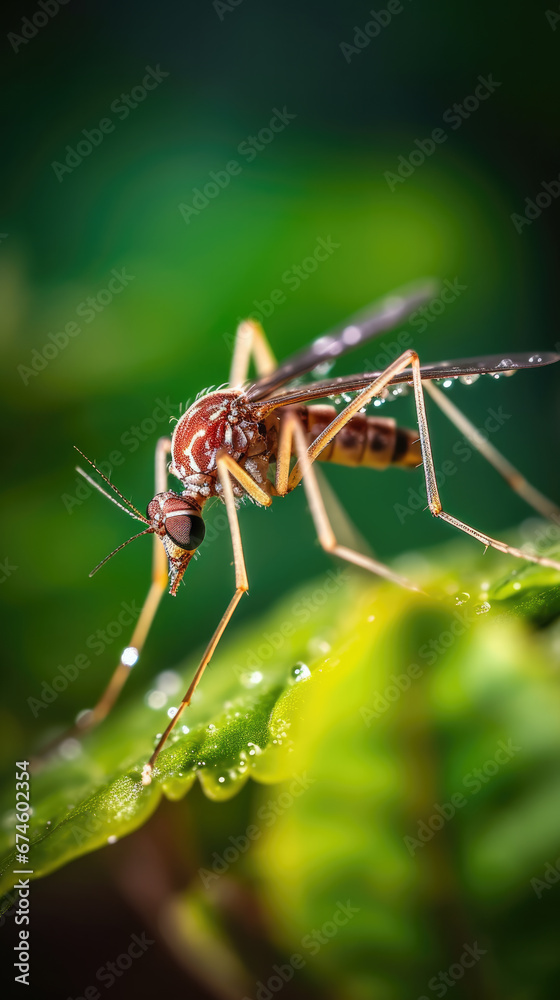 Close-up view of a mosquito-like bug on a leaf with water droplets, highlighting its intricate details and textures Close-up view of a mosquito-like bug on a leaf with water droplets, highlighting its intricate details and textures