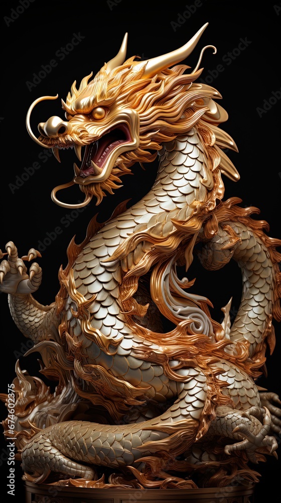 figure of a golden dragon in the style of Chinese wood carving on a black background, symbol of the 2024 new year