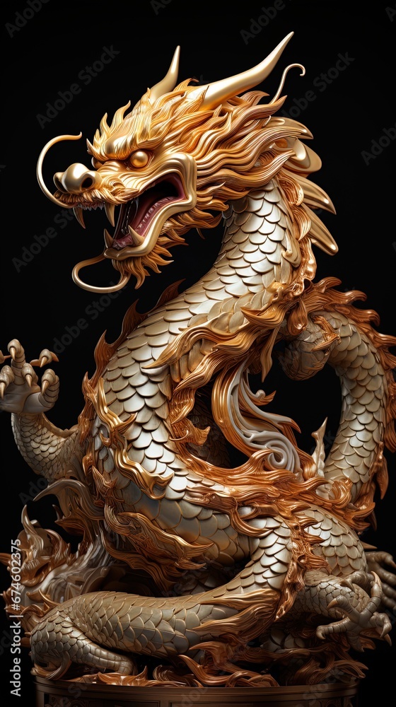 Fototapeta premium figure of a golden dragon in the style of Chinese wood carving on a black background, symbol of the 2024 new year