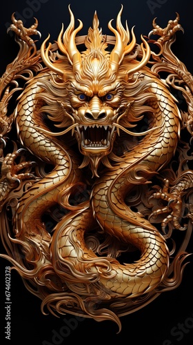 figure of a golden dragon in the style of Chinese wood carving on a black background, symbol of the 2024 new year © barinovalena