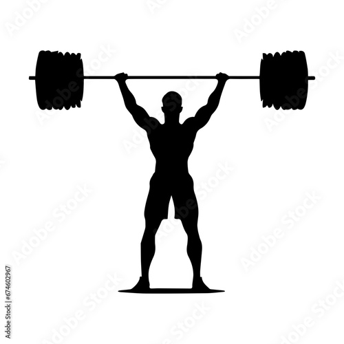 A weight lifting muscle man or bodybuilder weightlifting weights in silhouette, vector illustrator.