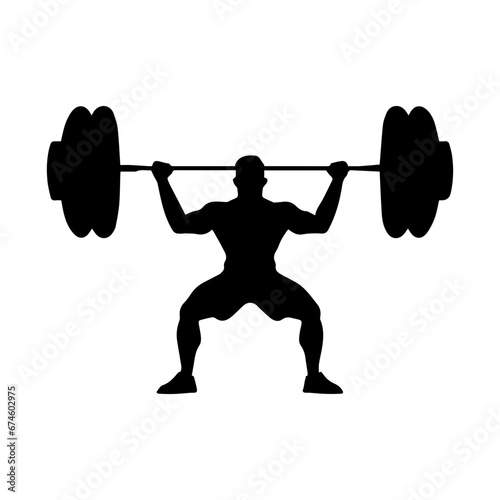 A weight lifting muscle man or bodybuilder weightlifting weights in silhouette, vector illustrator.