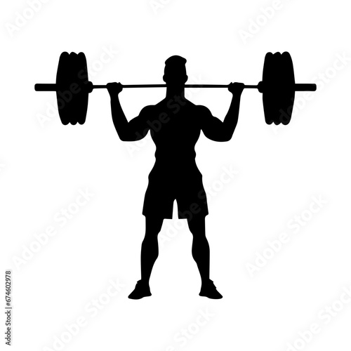 A weight lifting muscle man or bodybuilder weightlifting weights in silhouette, vector illustrator.