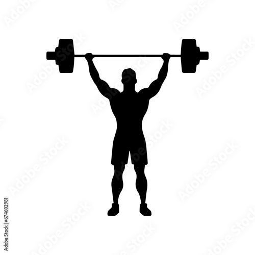 A weight lifting muscle man or bodybuilder weightlifting weights in silhouette, vector illustrator.
