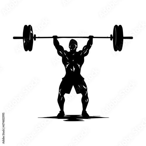 A weight lifting muscle man or bodybuilder weightlifting weights in silhouette, vector illustrator.