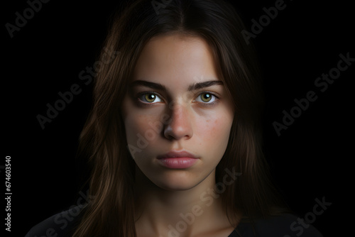 Attractive young adult Caucasian woman on black background. Neural network generated image. Not based on any actual person or scene.