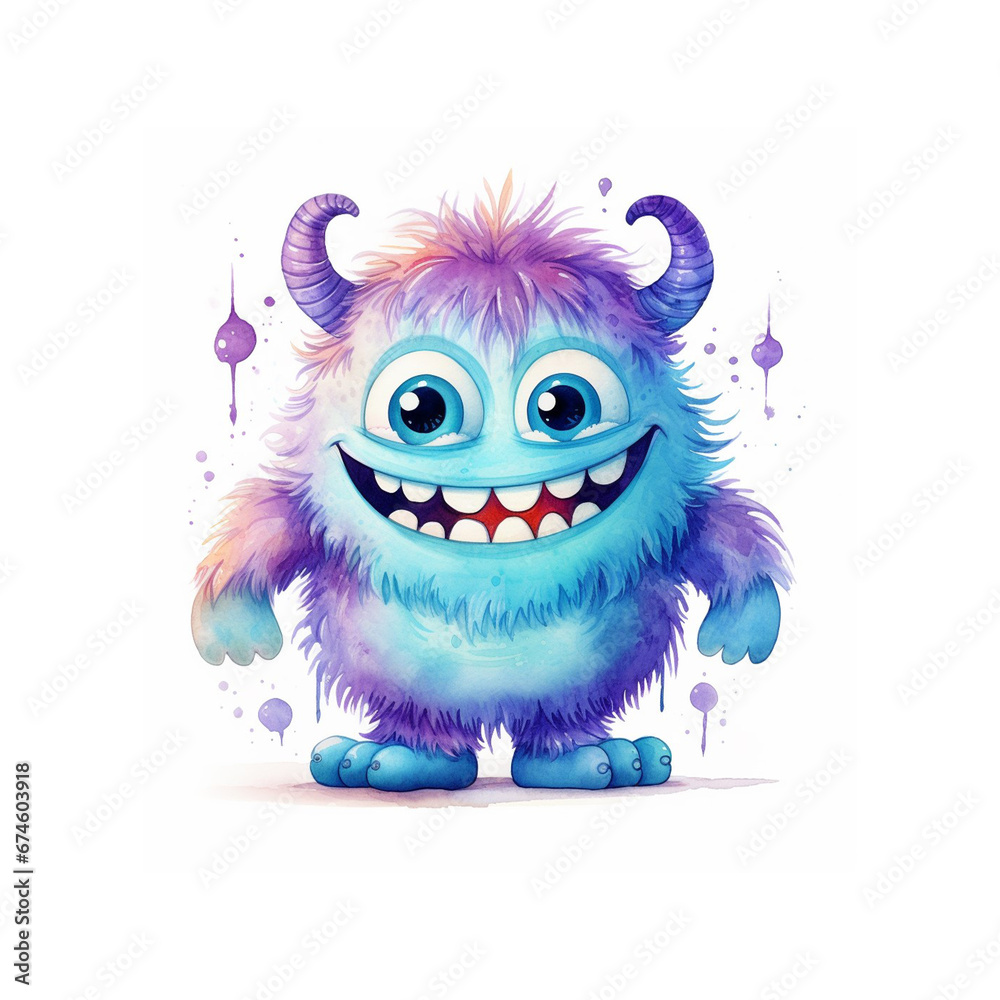 Watercolor cute cartoon fat monster character