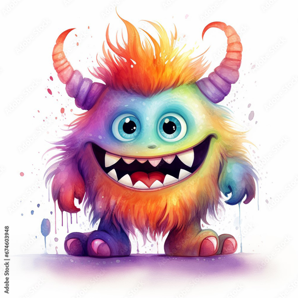 Watercolor cute funny cartoon monster character