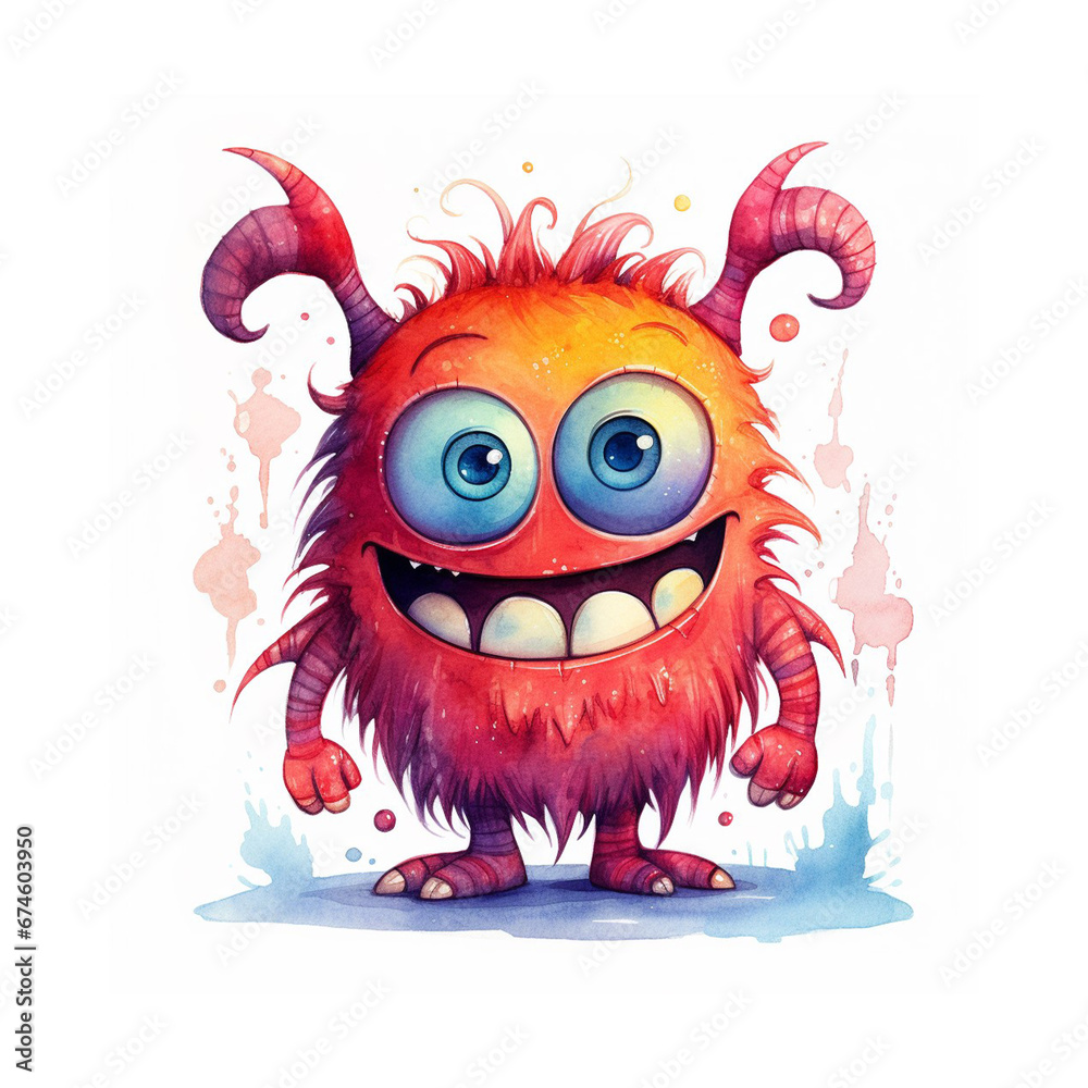 Naklejka premium Watercolor cute red cartoon monster character