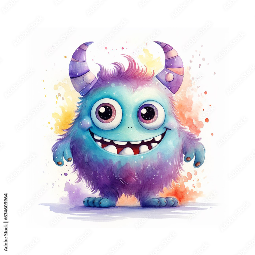 Watercolor cute cartoon fat monster character