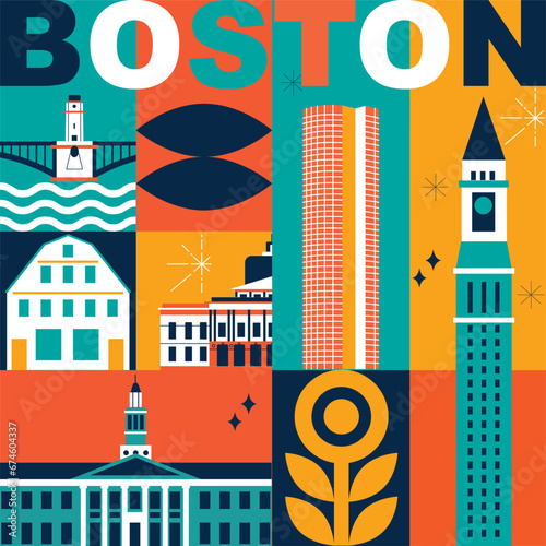 city4Typography word Boston branding technology concept. Collection of flat vector web icons. American culture travel set, architectures, specialties detailed silhouette. Doodle famous landmarks.