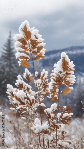 Beautiful autumn plant in the snow. AI generated