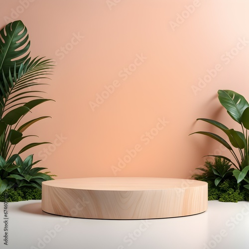 Minimal scene with wooden podium and tropical plants