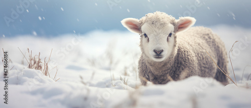 A Sheep in snow blur background copy space