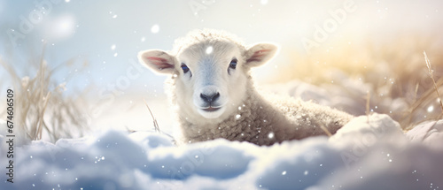 A Sheep in snow christmas blur background copy space