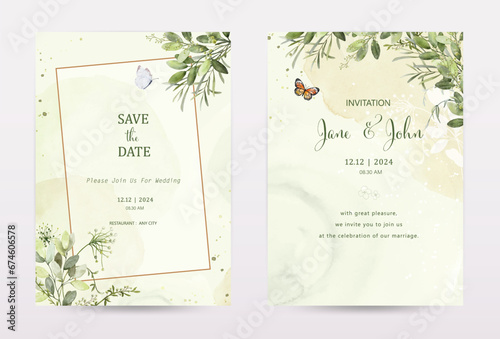 Set of invitation template cards with botanical on watercolor stains
