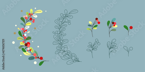 Collection of lingonberry and cranberry branches. Set of branches and berries in vector. Flat style. Outline style.