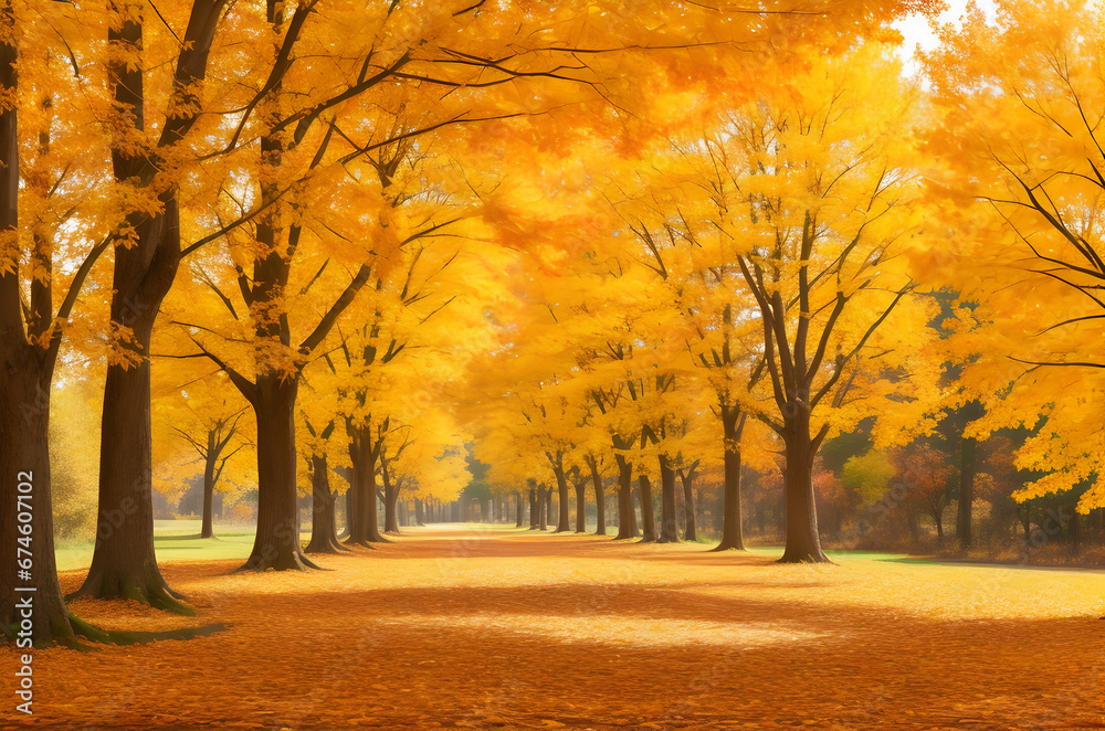 A vibrant autumn scene with few golden leaves A vibrant autumn scene with few golden leaves