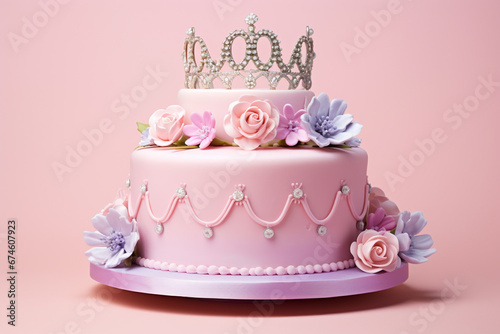 Princess themed birthday party  pink decorated cake with a beautiful crown on a pastel pink background