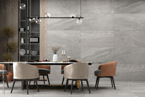 Pleasing dining area with floor and wall decor made of grey marble. There is a rack for kitchen utensils next to the opulent table, which also has candles, a plant as décor and chandelier above it.