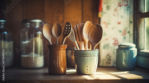 Vintage kitchen utensils with wooden handles
