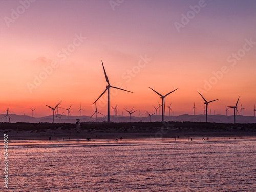 wind turbines at sunset，