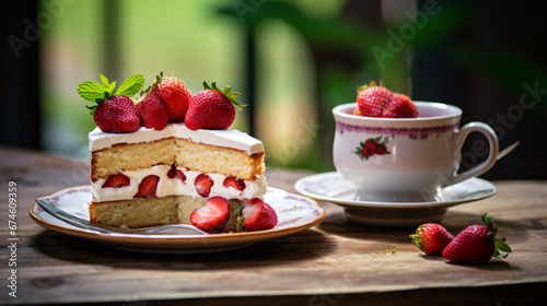 A strawberry cream cake on table laid for coffee