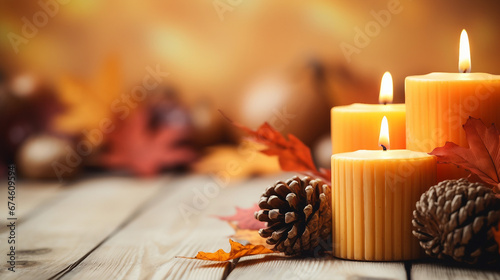 Candles and autumn leaves on a wooden background