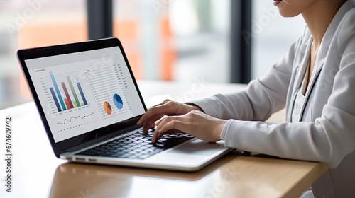 A businesswoman or accountant using laptop to analyze financial investments and business and marketing growth on a data graph. The concepts of accounting, economics, and commercial analysis