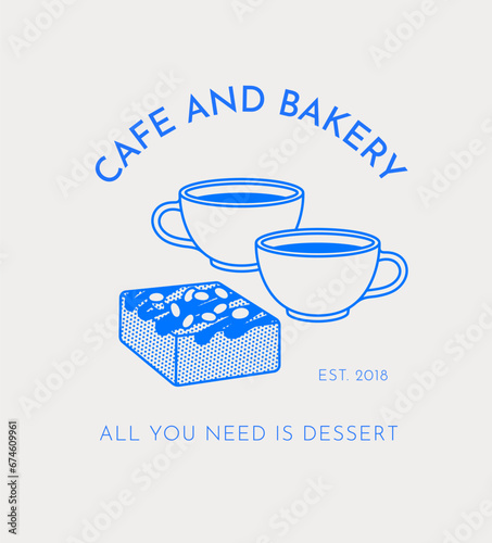 Logo template with brownie and two cups of coffee. Line art, retro. Pre-made design for bakeries, cafes, and restaurants.