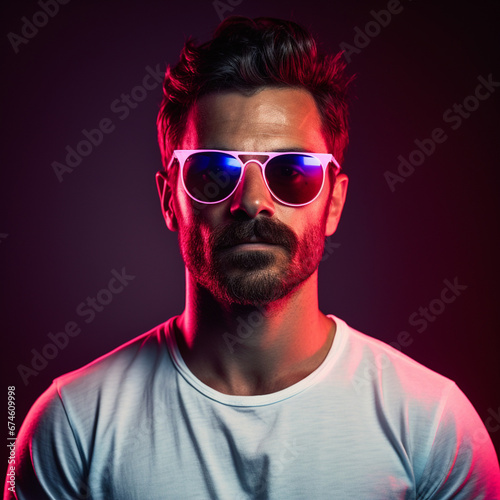 Neon light studio close-up portrait of serious man model with mustaches and beard in sunglasses and white t-shirt, ai technology